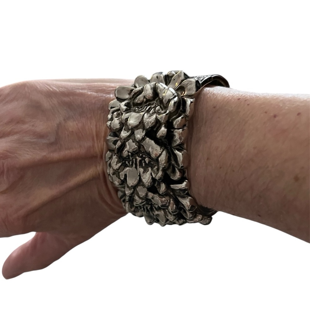 Vintage Brutalist Cuff Bracelet /Engraved Floral Back /Statement Piece